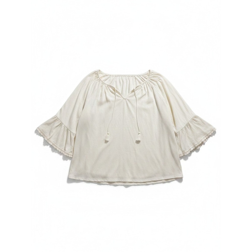 Old Navy L Cream Womens Boho Peasant Blouse Tassel Bell Sleeve Vintage Top